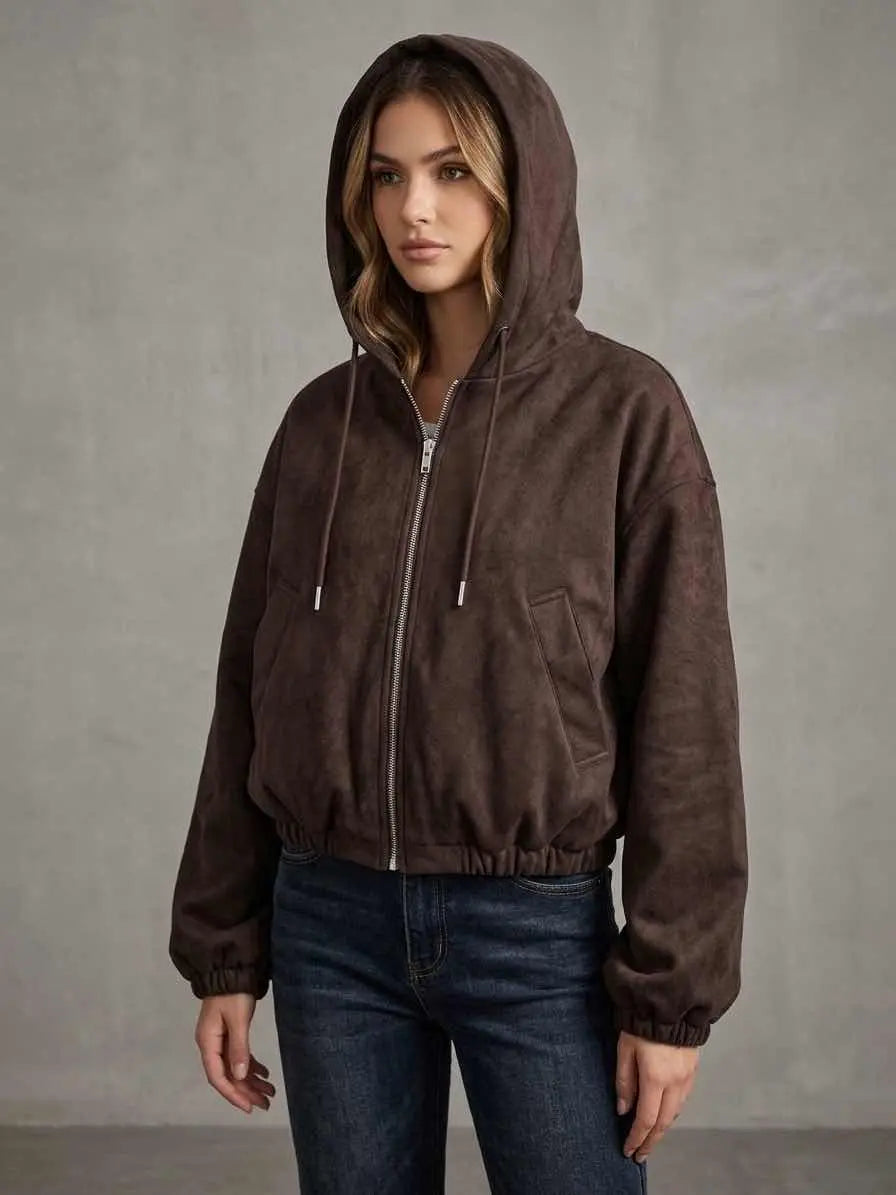 Dark brown hooded jacket Moni - soft suede look & modern street style - Mara