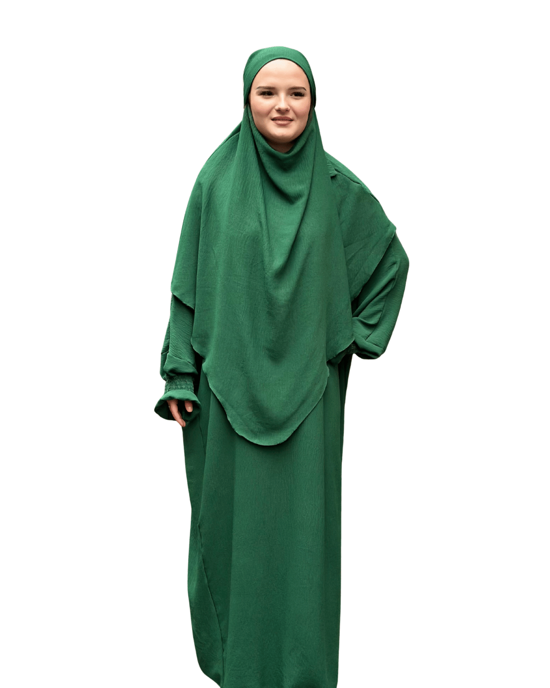 Person wearing a green abaya on a white background