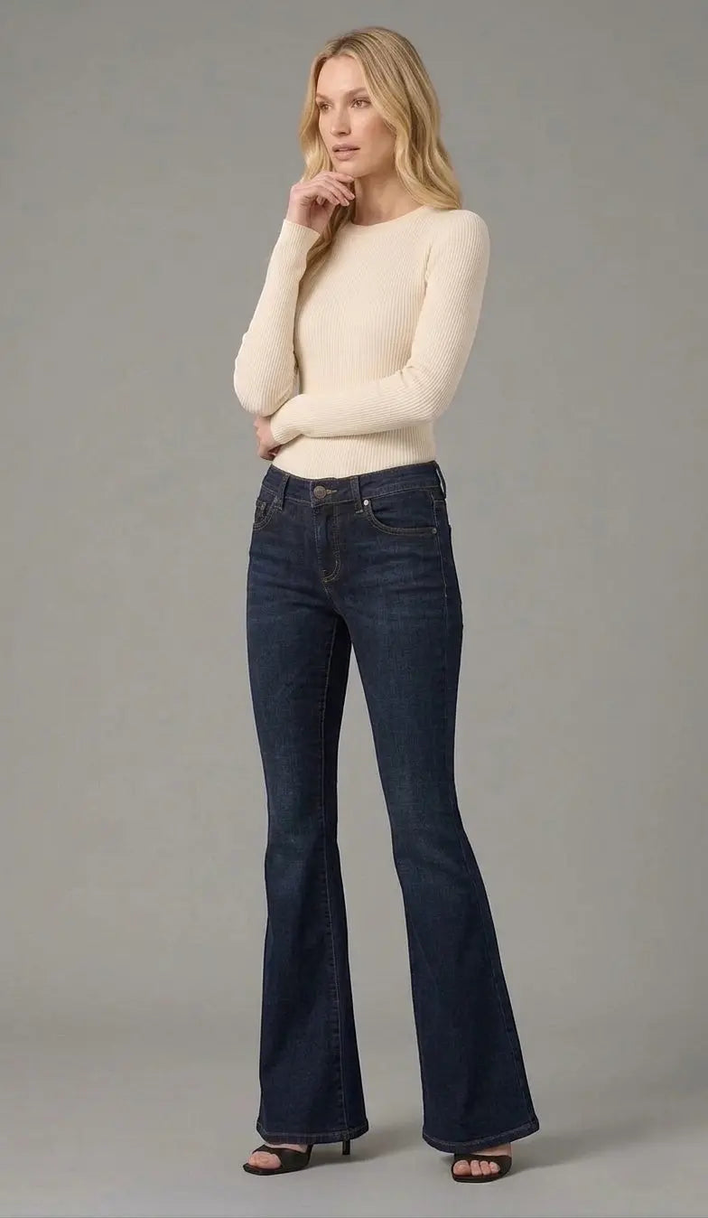 Low Waist Flared Jeans Cindy - Dark Blue Denim, Bodycon Fit & Elegant Flared Leg - Mara