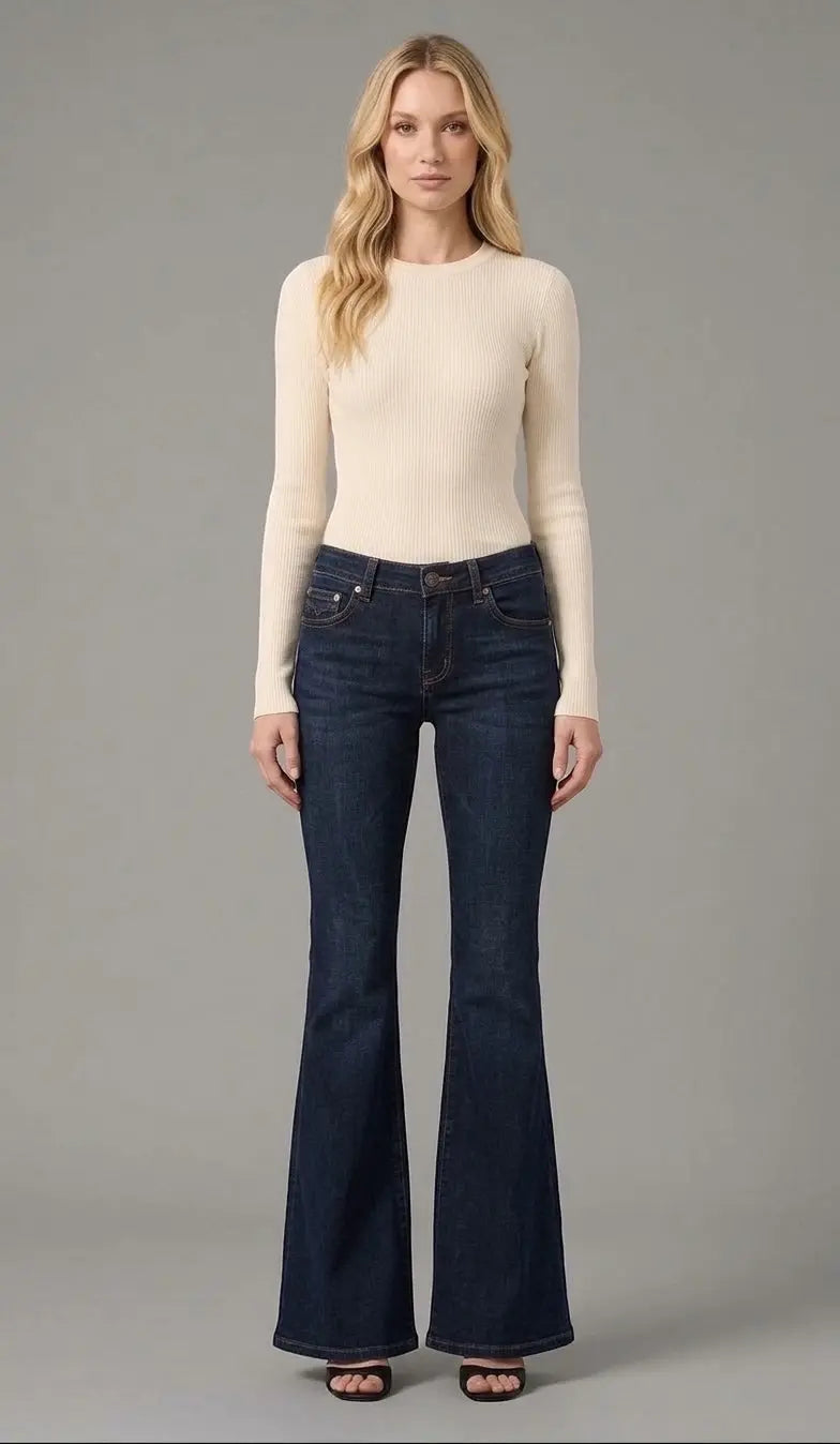 Low Waist Flared Jeans Cindy - Dark Blue Denim, Bodycon Fit & Elegant Flared Leg - Mara