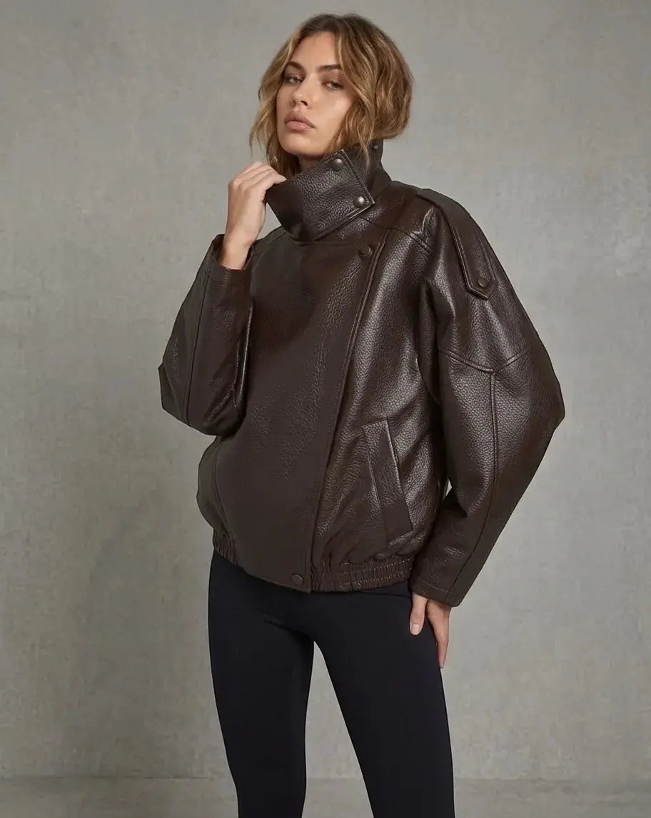 Dark brown imitation leather jacket Leoni - oversized power look with a modern structure - Mara