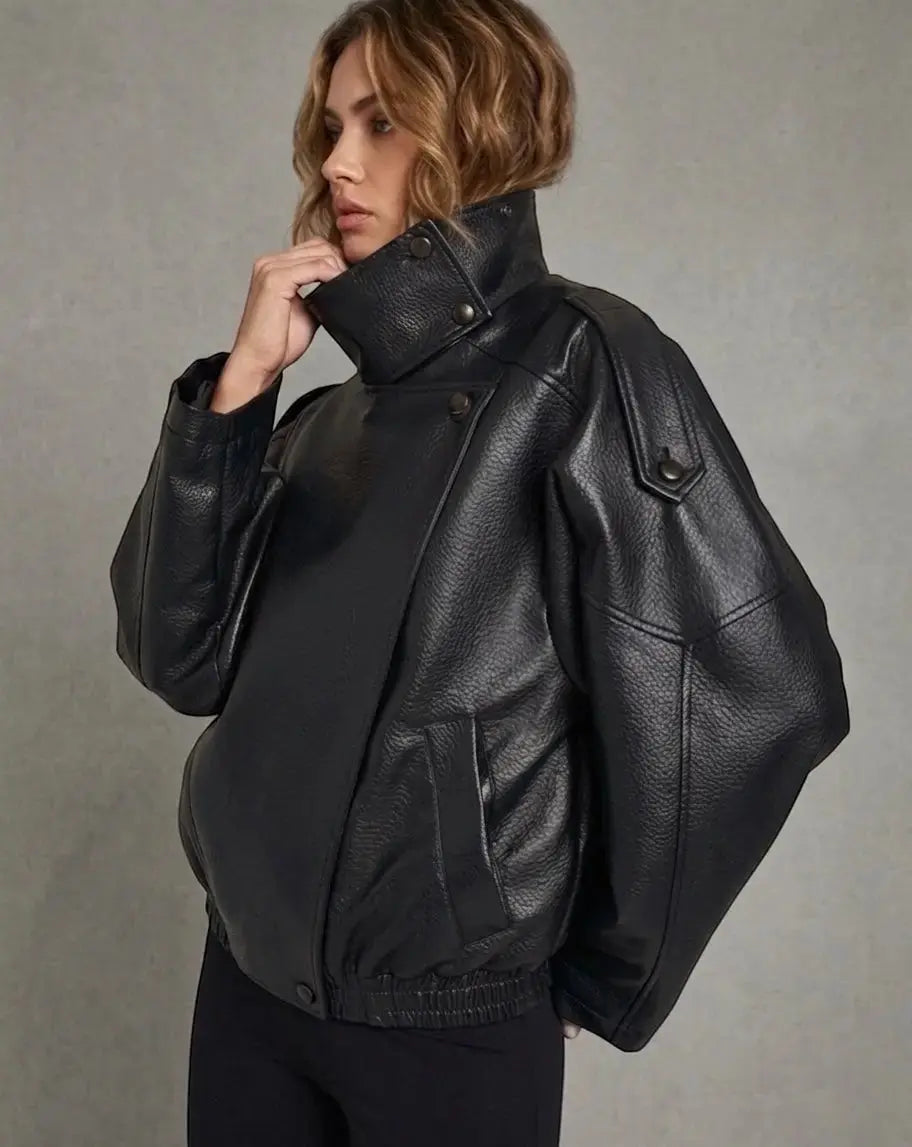 Dark brown imitation leather jacket Leoni - oversized power look with a modern structure - Mara