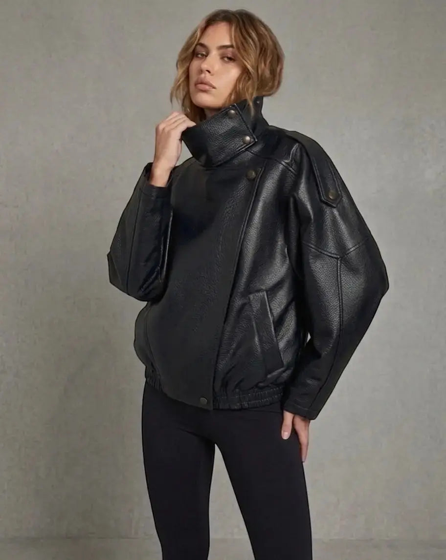 Dark brown imitation leather jacket Leoni - oversized power look with a modern structure - Mara