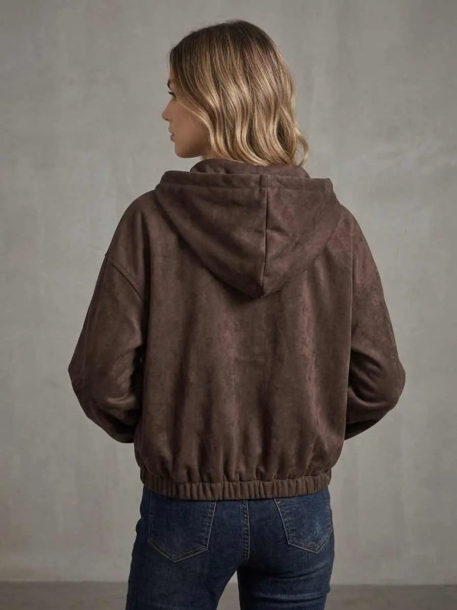 Dark brown hooded jacket Moni - soft suede look & modern street style - Mara