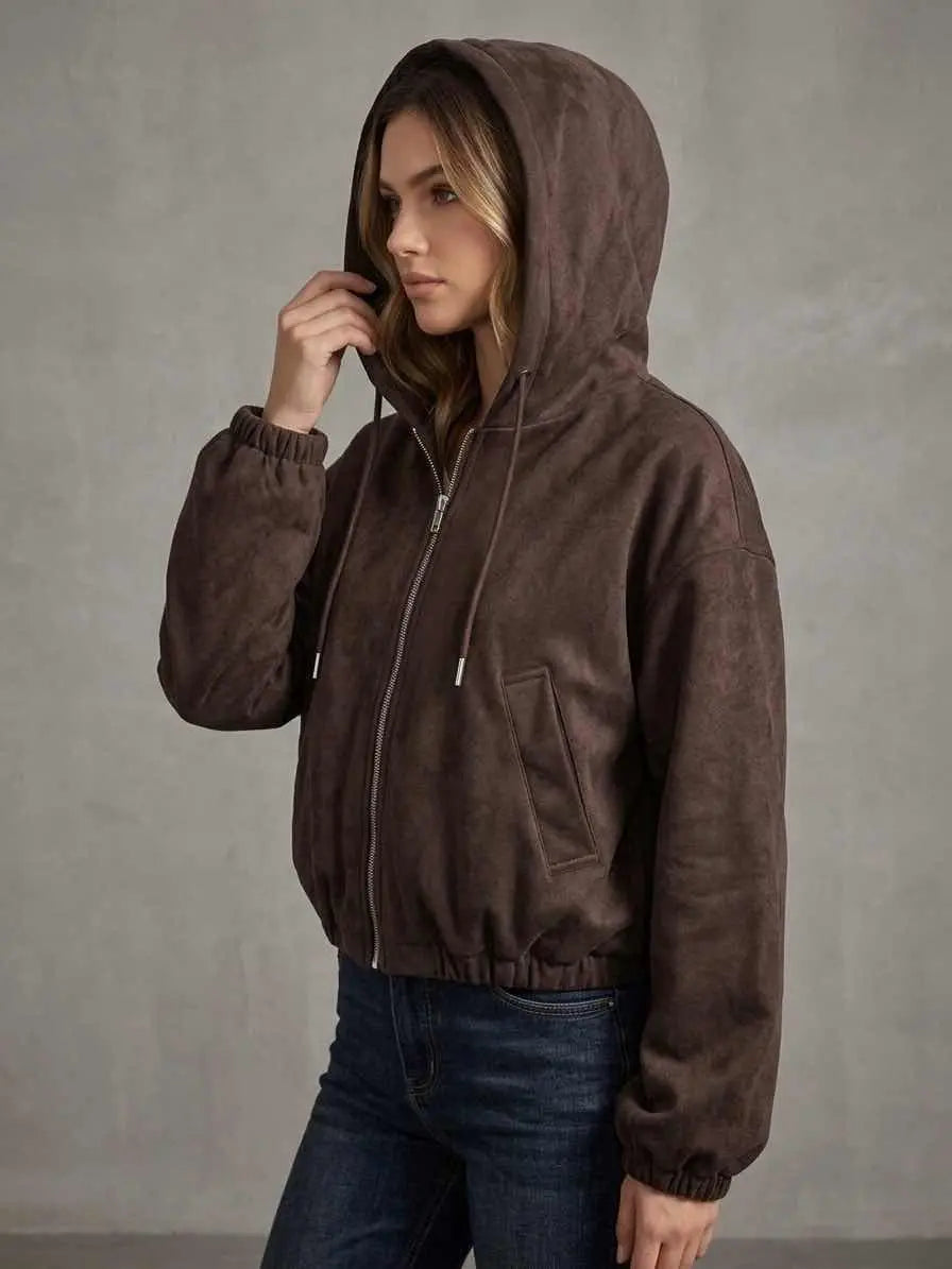 Dark brown hooded jacket Moni - soft suede look & modern street style - Mara