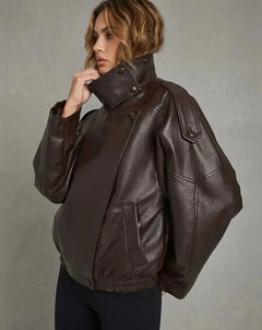 Dark brown imitation leather jacket Leoni - oversized power look with a modern structure Mara